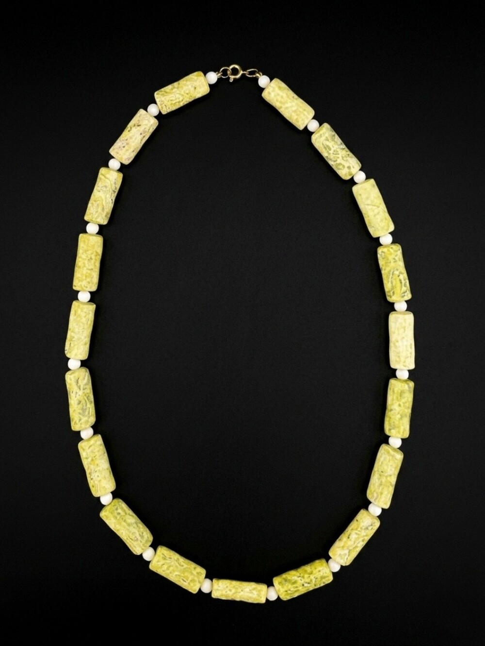 Vintage Faux Bone Jade 24 Beaded Statement Necklace Resin Tube Barrel Beads Boho